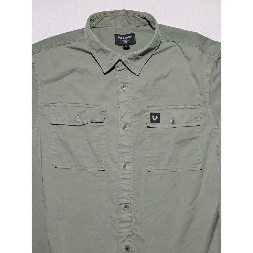 True Religion Green Button Up Work Shirt Large Long Sleeve Horseshoe Logo Cotton